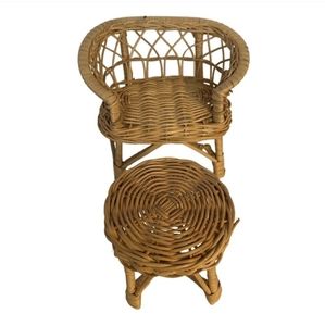 Vintage Wicker Doll Chair and Foot Stool